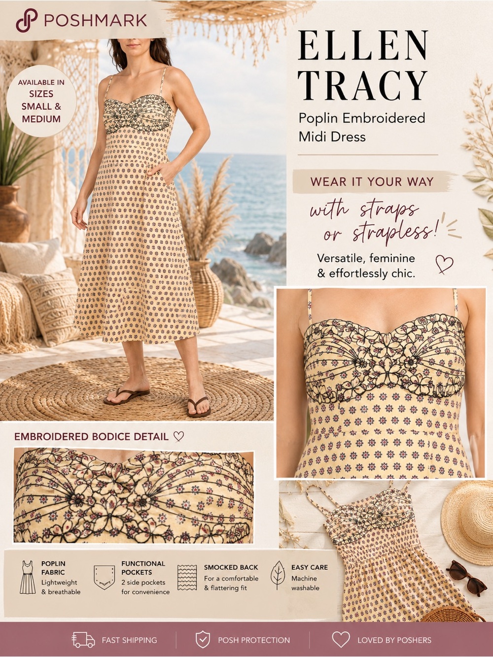 Ellen Tracy Cream and Black Embroidered Poplin Midi Dress with Navy Accents
